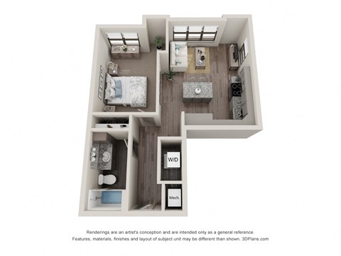 Floor plan for 1 bed, 1 bath, 563 sqft